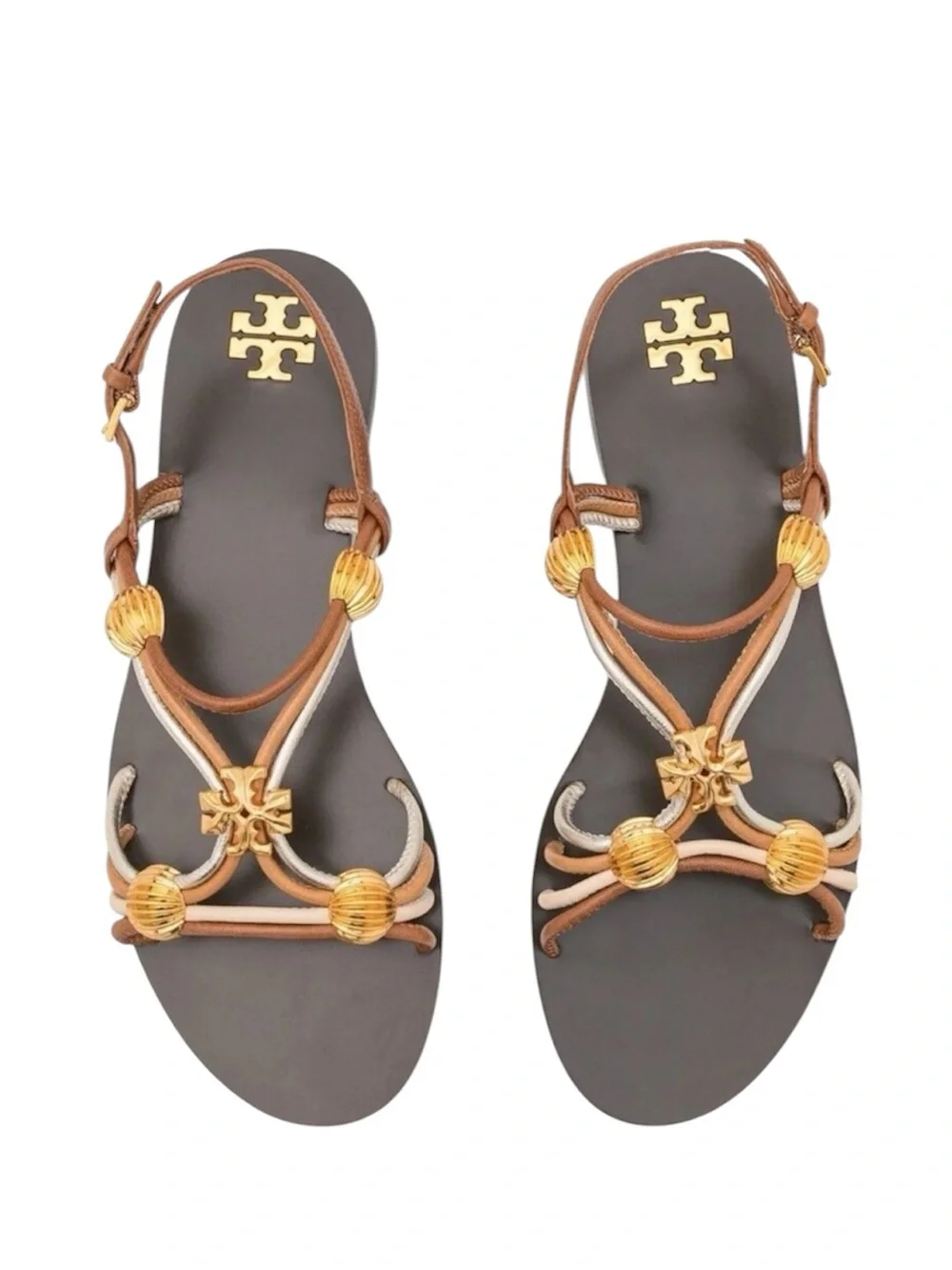 Tory Burch CAPRI MULTI STRAP Leather Sandal Brown Cream Gold Size 8 MSRP $328